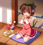  animal_ears bad_id bad_pixiv_id brown_eyes brown_hair cat_ears cat_tail chen earrings eating fang food food_on_face hat jewelry kitsune_choukan pillow porch seiza short_hair sitting solo tail taiyaki tea touhou veranda wagashi 