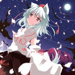  animal_ears bad_id bad_pixiv_id blonde_hair detached_sleeves hat inubashiri_momiji moon nejime night red_eyes ribbon sarashi short_hair sky solo tail tokin_hat touhou white_hair wolf_ears wolf_tail 