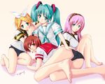  ass barefoot blonde_hair blue_hair blush brown_hair cyprus feet hatsune_miku kagamine_rin long_hair megurine_luka meiko multiple_girls no_pants pink_hair school_swimsuit school_uniform short_hair sitting smile soles swimsuit swimsuit_under_clothes toes vocaloid 