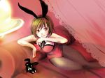  animal_ears brown_eyes brown_hair bunny bunny_ears bunnysuit couch fishnet_pantyhose fishnets koumu_rio meiko pantyhose short_hair solo stuffed_animal stuffed_bunny stuffed_toy vocaloid 