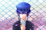  androgynous blue_eyes blue_hair chain-link_fence fence gin_(oyoyo) hat persona persona_4 petals reverse_trap shirogane_naoto short_hair solo tears upper_body 