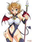  bat_wings breasts brown_hair copyright_request covered_nipples demon demon_girl dha green_eyes highleg highleg_leotard horns large_breasts leotard navel short_hair solo succubus tail thighhighs wings 