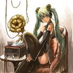  bad_id bad_pixiv_id china_dress chinese_clothes detached_sleeves dress green_eyes green_hair hatsune_miku long_hair motsu_rebaa phonograph sitting solo thighhighs twintails vocaloid 