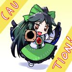  arm_cannon black_hair bow brooch brown_eyes chibi frills gem green_bow jewelry kiku_hitomoji long_hair looking_at_viewer open_mouth puffy_short_sleeves puffy_sleeves reiuji_utsuho short_sleeves solo touhou very_long_hair weapon wings 