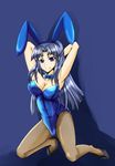  animal_ears asakura_ryouko bad_id bad_pixiv_id banshi_ryuu blue_eyes blue_hair breasts bunny_ears bunnysuit cleavage fishnet_pantyhose fishnets high_heels highres large_breasts long_hair pantyhose shoes solo suzumiya_haruhi_no_yuuutsu 