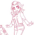  1girl armkreuz belt buckle buttons doctor_who jacket long_sleeves looking_at_viewer ninth_doctor open_clothes open_jacket outstretched_arms rose_tyler short_hair short_shorts shorts standing tardis union_jack 