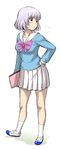  :&lt; blush bow hand_on_hip kouda_tomohiro lavender_hair notebook school_uniform shoes short_hair skirt socks solo tonari_no_seki-kun uwabaki yellow_eyes yokoi_rumi 