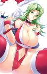  1girl breasts character_request christmas cleavage curvy green_eyes green_hair haganef hat highres huge_breasts lamia_loveless solo spread_legs super_robot_wars white_background 