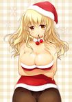  absurdres bad_revision bare_shoulders blonde_hair breasts cameltoe cherry choker dress food fruit hat highres large_breasts long_hair md5_mismatch mole mole_under_eye mouth_hold original panties panties_under_pantyhose pantyhose ruri_rarako santa_costume santa_hat solo underwear yellow_eyes 