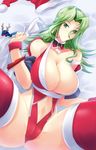  alteisen antlers bare_shoulders breasts cameltoe choker christmas cleavage collarbone detached_collar gespenst green_eyes green_hair haganef hat highres horn huge_breasts lamia_loveless legs long_hair looking_at_viewer lying navel on_back parted_lips sack santa_costume santa_hat solo spread_legs super_robot_wars super_robot_wars_original_generation thighhighs thighs toy wristband 