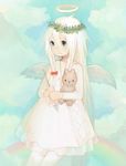  angel angel_wings blue_eyes braid child cross halo hug looking_away misoni_comi solo stuffed_animal stuffed_toy twin_braids white_hair wings 