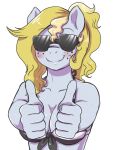  2018 anthro bikini blonde_hair blush breasts cleavage clothed clothing double_thumbs_up equine evo_(oc) evomanaphy eyewear fan_character female freckles hair horse looking_at_viewer mammal my_little_pony pony reaction_image smile solo sunglasses swimsuit thumbs_up 