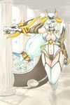  aqua_eyes braid breasts cape gauntlets hair_over_one_eye highres large_breasts league_of_legends long_hair shyvana solo thighhighs trombe very_long_hair white_hair white_legwear wide_hips 