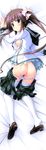  absurdres ass bad_id bad_yandere_id bed bed_sheet blue_eyes blush breasts brown_hair dakimakura from_above from_behind full_body hapymaher highres hirasaka_keiko huge_filesize legs looking_at_viewer looking_back lying medium_breasts nipples on_bed on_stomach open_clothes open_skirt panties panty_pull school_uniform shoe_dangle shoes skirt skirt_pull solo thighhighs tsukimori_hiro twintails underwear white_legwear white_panties 