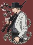  alto_clef assa blonde_hair facial_hair flower gun hat labcoat male_focus necktie parted_lips red_background scp_foundation signature smile snake striped tree_branch weapon 