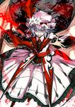  adapted_costume bat_wings brooch chain dress fangs flower hat hat_flower jewelry koumajou_densetsu minakata_sunao open_mouth outstretched_arm purple_hair red_eyes remilia_scarlet short_hair smile solo spear_the_gungnir touhou wings 