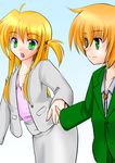  1boy 1girl ahoge alisa_bannings blonde_hair formal green_eyes hand_holding long_hair lyrical_nanoha mahou_shoujo_lyrical_nanoha mahou_shoujo_lyrical_nanoha_strikers suit yuuno_scrya 