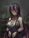  bare_shoulders battleship_hime black_dress black_hair breasts chain cleavage collar cuffs dress horns kantai_collection large_breasts long_hair looking_at_viewer oni_horns red_eyes shackles shinkaisei-kan short_dress spaghetti_strap walzrj 