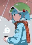  blue_eyes blue_hair blush collagen cup hair_bobbles hair_ornament hat highres kawashiro_nitori looking_at_viewer plaid plaid_scarf scarf short_hair short_twintails snowing solo touhou twintails two_side_up umbrella upper_body 
