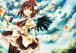  armband bad_id bad_pixiv_id belt bird_wings black_legwear brown_hair camera cloud cloudy_sky floral_print frilled_skirt frills hat kaio_(watagami) looking_at_viewer mountain open_mouth photo_(object) pom_pom_(clothes) puffy_short_sleeves puffy_sleeves red_eyes ribbon-trimmed_clothes ribbon_trim shameimaru_aya short_hair short_sleeves skirt sky smile solo thighhighs tokin_hat touhou wind wind_lift wings 