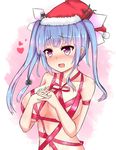  blue_hair blush fang hair_ornament hands_together hat heart heart-shaped_pupils i-19_(kantai_collection) kantai_collection long_hair naked_ribbon neneru open_mouth red_eyes ribbon santa_hat solo symbol-shaped_pupils twintails 