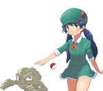  black_eyes blue_hair clothed clothing duo female geodude gray_body green_eyes grey_body hair hat human looking_at_viewer mammal nintendo onakanokimochi plain_background pok&#233;ball pok&#233;mon pok&#233;mon_trainer pok&eacute;ball pok&eacute;mon pok&eacute;mon_trainer video_games white_background young 