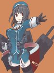  bad_id bad_pixiv_id black_hair breasts cannon garter_straps gloves kantai_collection large_breasts mikoto_(oi_plus) military military_uniform orange_background outstretched_arm red_eyes short_hair simple_background skirt solo takao_(kantai_collection) thighhighs turret uniform zettai_ryouiki 
