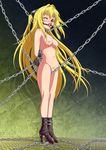  1girl arms_behind_back ball_gag bdsm blonde_hair blush bondage bound breasts chains collage_(artist) collar female gag konjiki_no_yami long_hair navel nipples nude pubic_hair pussy pussy_juice red_eyes rope_walking saliva solo sweat tears to_love-ru uncensored wink 