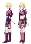  armor bad_id bad_pixiv_id blonde_hair blue_eyes boots choker dragon_quest dragon_quest_x full_body gloves highres horns mappaninatta midriff ogre_(dq10) pink_skin pointy_ears short_hair simple_background sketch solo spiked_hair spikes tail white_background 