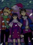  2boys alternate_costume beanie beret black_hair blanket blonde_hair boots coat dark hat hat_removed headwear_removed hikari_(pokemon) jun_(pokemon) kouki_(pokemon) long_hair lying multiple_boys on_back pokemon pokemon_(game) pokemon_dppt pokemon_platinum scarf sett snowflakes snowing winter_clothes yo_mo 