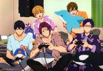  ^_^ bird blonde_hair blue_eyes blue_hair brown_hair closed_eyes controller dolphin free! game_controller glasses grin hands_on_shoulders hazuki_nagisa hood hoodie indian_style male_focus matsuoka_rin multiple_boys nanase_haruka_(free!) official_art open_mouth orca pajamas penguin purple_eyes red_eyes red_hair ryuugazaki_rei shark sharp_teeth sitting smile stuffed_animal stuffed_dolphin stuffed_orca stuffed_penguin stuffed_shark stuffed_toy tachibana_makoto teeth 