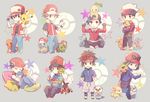  6+boys black_hair brown_hair bulbasaur calem_(pokemon) calme_(pokemon) charmander chespin chikorita chimchar cyndaquil fennekin froakie gold_(pokemon) hat mudkip multiple_boys nintendo oshawott pikachu piplup pokemon pokemon_(game) pokemon_xy red_(pokemon) snivy squirtle tepig torchic torute totodile touya_(pokemon) treecko turtwig 