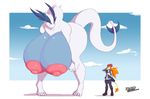  anthro areola big_breasts big_nipples blue_fur boots breasts clothed clothing cloud feline female fur hair hat hindpaw huge_breasts huge_nipples hyper hyper_breasts jacket kaijumi lion lionalliance looking_down lugia macro mammal nintendo nipples nude orange_hair pants paws pok&#233;mon pok&#233;morph pok&eacute;mon size_difference sky smile standing thick_thighs thighs video_games white_fur yellow_fur 