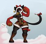  animal_ears anthro bell big_breasts big_thighs bipedal blazblue breasts cat_ears christmas cleavage clothed clothing cowbell dark_skin digital_media_(art) dtmech female front_view full-length_portrait fur_trim holidays knee_boots looking_at_viewer nipple_bulge red_eyes snow snowman solo standing suspenders taokaka themed thick_thighs thigh_band thigh_socks 