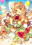  :d balloon brown_hair capelet crown dress flower gloves instrument long_hair musical_note open_mouth orange_eyes original ribbon robosuke smile solo stuffed_animal stuffed_toy teddy_bear thighhighs trumpet twintails 
