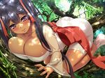  1girl akagi_rio aya_(nangoku_sakunyuu:_milk_island_musume) black_hair blush breast_press breasts cleavage dark_skin forest game_cg highres huge_breasts kneeling legs long_hair looking_at_viewer mbs_truth nangoku_sakunyuu:_milk_island_musume nature purple_eyes smile socks sunlight thighs tree trees twintails 