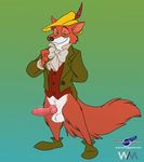  animal_genitalia balls bottomless canine canine_penis erection fox knot looking_at_viewer male mammal penis plain_background robin_hood robin_hood_(disney) robin_hood_hat solo standing suit wuffamute 