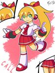  alternate_costume blonde_hair call_(mighty_no._9) call_f gloves green_eyes headphones highres kneehighs mighty_no._9 ponytail school_uniform scrunchie shoutaro_saito skirt smile solo 