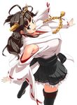  alternate_hairstyle bare_shoulders blue_eyes blush breasts brown_hair detached_sleeves double_bun hair_ornament hairband headgear highres japanese_clothes kantai_collection kongou_(kantai_collection) large_breasts long_hair looking_at_viewer nontraditional_miko open_mouth skirt smile solo thighhighs twintails usotsuki_penta zettai_ryouiki 