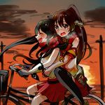  bicycle black_hair black_legwear blush breasts brown_hair closed_eyes cruiser_bicycle detached_sleeves flower gloves ground_vehicle hair_ornament heavy_breathing itomugi-kun kantai_collection long_hair medium_breasts midriff multiple_girls multiple_riders open_mouth ponytail power_lines red_skirt riding scared scarf short_hair skirt smile sunset tears thighhighs very_long_hair white_gloves yahagi_(kantai_collection) yamato_(kantai_collection) 