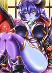  astaroth_(shinrabanshou) black_sclera blue_hair blue_skin blush boots breasts bridal_gauntlets demon_girl demon_horns demon_tail demon_wings earrings heart heart_earrings horns jewelry kittan_(cve27426) large_breasts lipstick long_hair looking_at_viewer makeup nail_polish parted_lips pointy_ears purple_footwear red_wings shinrabanshou sitting solo tail thighs wings yellow_eyes 