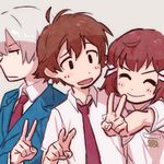  2boys bad_id bad_pixiv_id blush brown_hair kakumeiki_valvrave l-elf lowres multiple_boys rendan sashinami_shouko school_uniform short_hair silver_hair smile tokishima_haruto v 