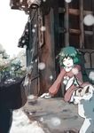  against_wall animal_ears broom cat closed_eyes green_hair kasodani_kyouko long_sleeves mittens parted_lips reaching_out reclining scarf shadow short_hair sign snow snowing solo tategaki touhou tree 