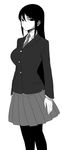  blazer blush breasts empty_eyes greyscale highres jacket jewelry long_hair monochrome neck_ring necktie original pantyhose pleated_skirt school_uniform skirt solo space_jin 