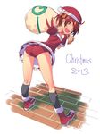  2013 ass bent_over black_legwear blush brown_eyes brown_hair buruma christmas english gloves hat isshiki_akane legs looking_at_viewer michairu open_mouth power_symbol red_buruma red_gloves sack santa_costume santa_gloves santa_hat short_hair solo spread_legs twintails v vividred_operation 