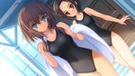  2girls antenna_hair bare_shoulders blue_eyes blush breasts brown_eyes brown_hair door game_cg hair_ornament hairclip highres kayleigh_glanzelius legs looking_at_viewer medium_breasts multiple_girls norita otome_wa_boku_ni_koishiteru:_futari_no_elder short_hair small_breasts smile standing swimsuit thighs towel twintails 