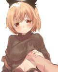  blonde_hair breast_grab breasts grabbing guided_breast_grab kurodani_yamame large_breasts looking_at_viewer out_of_frame pine pov pov_hands red_eyes ribbed_sweater simple_background solo_focus sweater touhou 