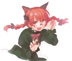  animal_ears bespectacled bow braid cat_ears extra_ears glasses hair_bow kaenbyou_rin long_sleeves pine red_eyes red_hair simple_background smile solo touhou twin_braids white_background 
