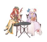  book bow_(instrument) braid chair chinese_clothes closed_eyes closed_mouth crescent crossed_legs dress erhu hair_ribbon hat highres hong_meiling instrument light_smile long_hair looking_at_another multiple_girls music nose patchouli_knowledge plantplanetplace playing_instrument puffy_sleeves purple_dress purple_eyes purple_hair red_hair ribbon shoes sitting smile star table touhou twin_braids white_background 