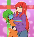  androgynous biriri-ane_(space_jin) black_sclera blue_skin bodysuit breasts crossover denim deoxys gen_3_pokemon green_hair grey_eyes heart heart_background height_difference hug jeans large_breasts long_hair multiple_girls orange_bodysuit orange_shirt original pants personification pokemon red_eyes ribbed_sweater shirt sidelocks space_jin sweatdrop sweater tsurime turtleneck yellow_eyes 